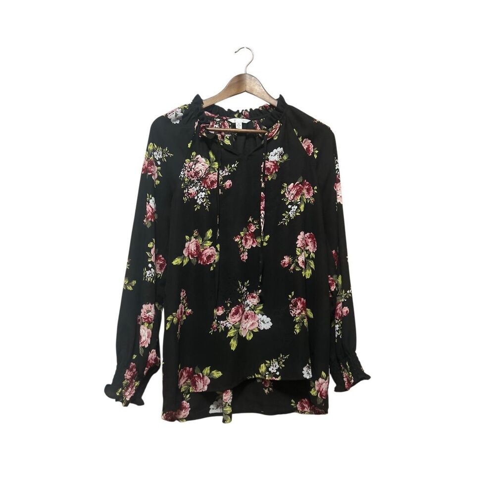 Floral Print Tie Neck Blouse Long Sleeve Black Pink‎ Rose Romantic